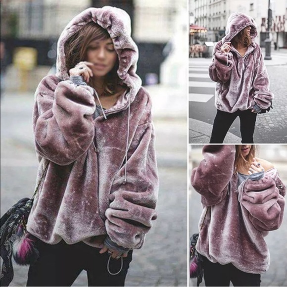 Sweaters - Purple/pinkish Velvet Fur Teddy Bear Hoodie